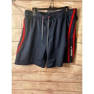 Men's red and navy Speedo swim trunks